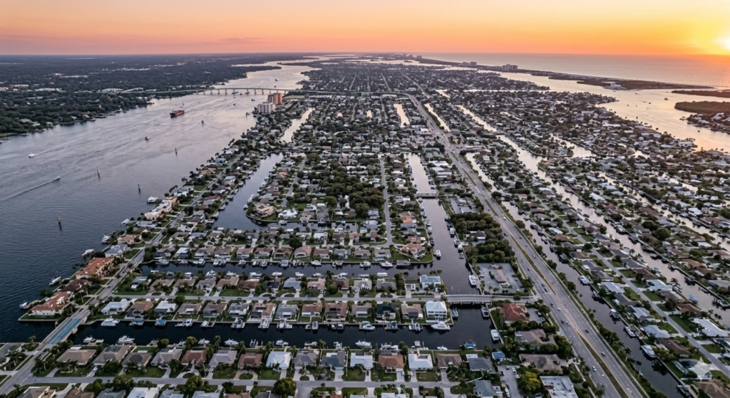 Artistic and stylized drone view of Cape Coral Florida skyline at sunset featuring extensive residential canal networks, the Caloosahatchee River, and waterfront lots.