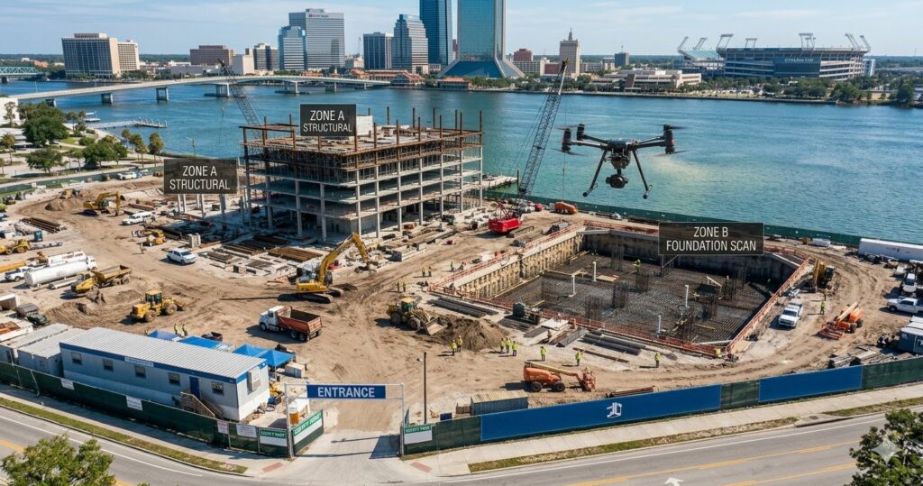 An artistic and stylized aerial photograph, captured by a drone, overlooking a large construction site on the banks of the St. Johns River in downtown Jacksonville, Florida. The image features several cranes, excavators, and dump trucks. A commercial multi-rotor drone is prominently hovering over an advanced foundation pit marked 'ZONE B FOUNDATION SCAN.' The skyline of downtown Jacksonville, including buildings like the Wells Fargo Center and TIAA Bank Field stadium, are visible across the water. A temporary blue and white sign marks the main entrance.