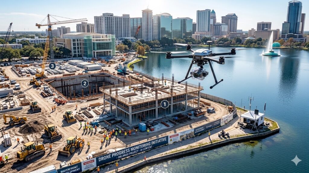 Artistic rendering of aerial drone view of a major construction site on Lake Eola in downtown Orlando, Florida, featuring a monitoring drone and the city skyline.