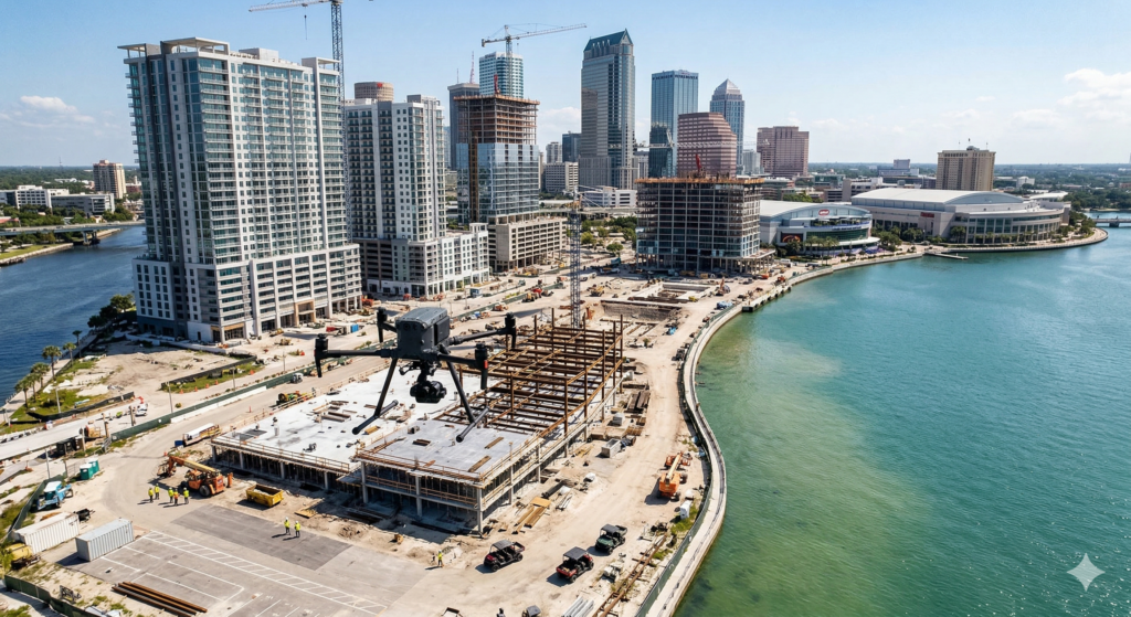 An artistic and stylized aerial drone photograph showcasing a commercial inspection drone hovering over the steel frame of a new building development in downtown Tampa, Florida, along the waterfront.