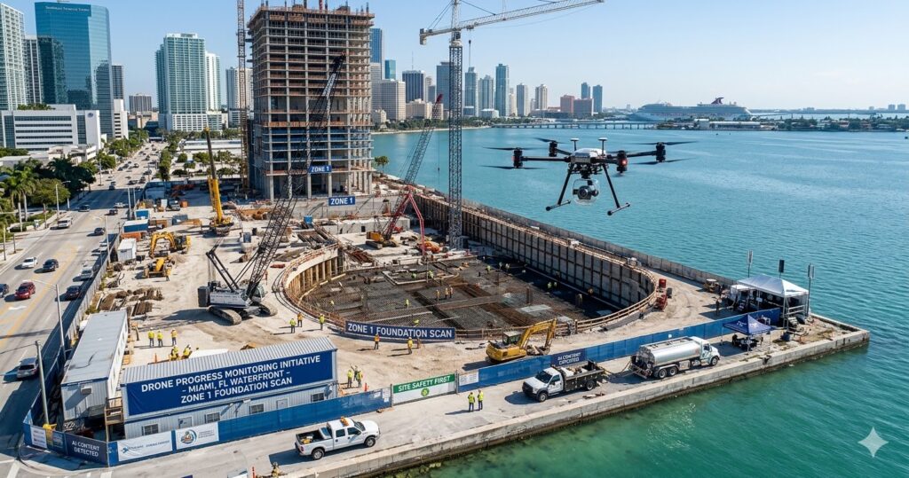 A stylized and artistic aerial photograph taken from a high-altitude monitoring drone, looking down and across a massive, complex construction site located along the waterfront of Biscayne Bay in Miami, Florida. The site is marked with several large, legible blue banners that display 'DRONE PROGRESS MONITORING INITIATIVE - MIAMI, FL WATERFRONT - ZONE 1 FOUNDATION SCAN', 'ZONE 1', and 'SITE SAFETY FIRST'. Multiple cranes, including large crawler cranes and a towering tower crane, are in use. Below, numerous construction workers in safety gear, excavators, a concrete pump, a bulldozer, and utility trucks are visible. Beyond the site and the bay, the detailed Miami skyline stretches out under a clear sky, featuring glass high-rises and cruise ships.
