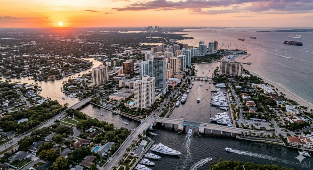 Stylized and artistic erial drone view of Fort Lauderdale Florida skyline at sunset featuring the New River, intricate canal networks, Las Olas Boulevard, and modern downtown high-rises.