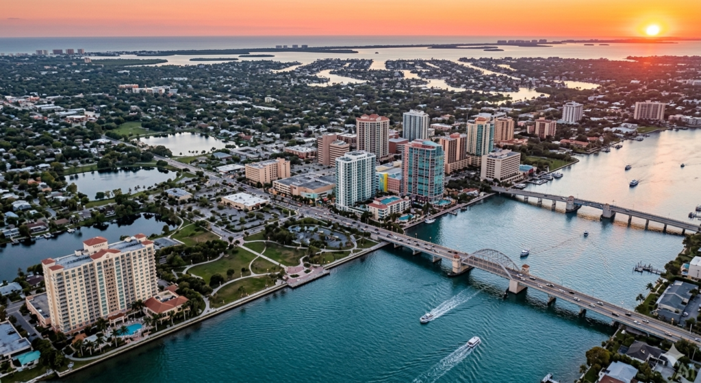 Stylized and artistic aerial drone view of the Fort Myers Florida skyline at sunset featuring the Caloosahatchee River, Main Street Bridge, and Thomas Edison Bridge.