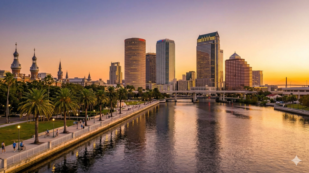 A panoramic "view" of the Tampa, Florida skyline and waterfront at sunset, used to illustrate the growing demand for drone-assisted roof inspections and aerial surveys across the region.