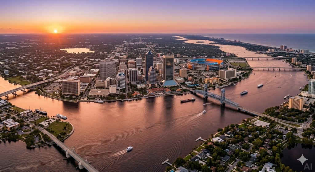 Stylized and rendered aerial drone view of the Jacksonville Florida skyline at sunset featuring the river, bridge, and downtown skyscrapers.