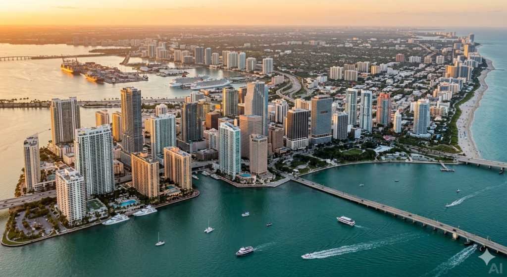 Stylized aerial drone view of the Miami Florida skyline at sunset featuring downtown skyscrapers, bay, and the port.