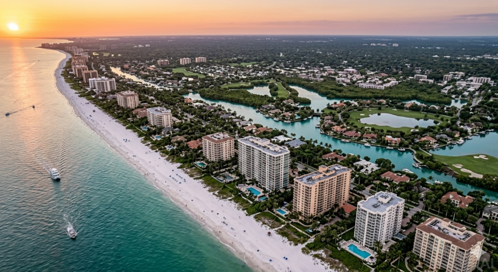 Stylized and artistic aerial drone view of Naples Florida coastline at sunset featuring white sand beaches, luxury Gulf-front high-rises, and Gordon River coastal waterways.