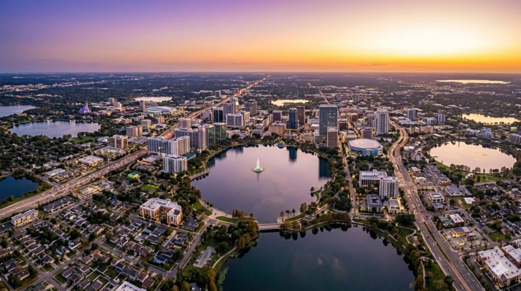 A panoramic "view" of the Orlando, Florida skyline with sun in the background, used to illustrate the growing demand for drone-assisted roof inspections and aerial surveys across the region.