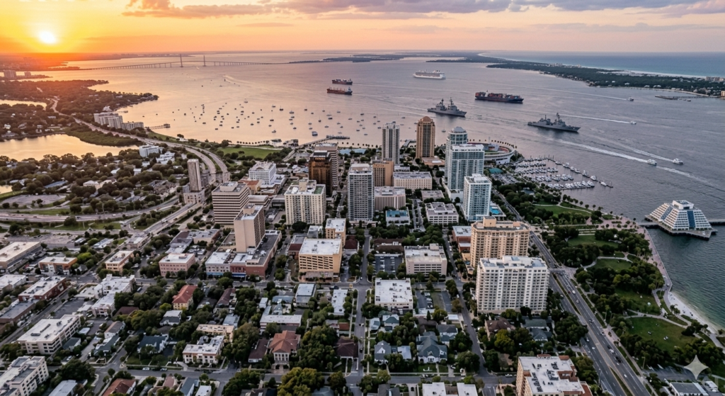 Stylized aerial drone view of Pensacola Florida skyline at sunset featuring the deep water port, Three Mile Bridge, Palafox Street, and downtown business district on Pensacola Bay.