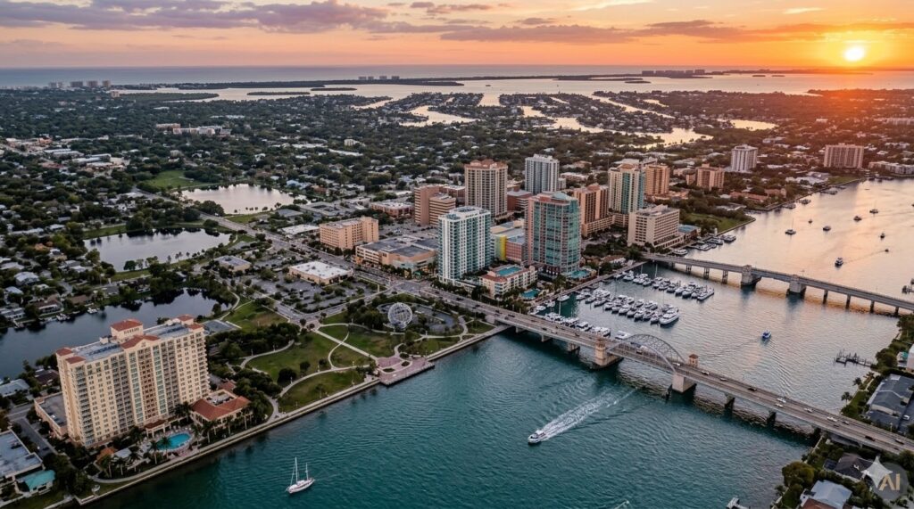 Stylized and artistic aerial drone view of Sarasota Florida skyline at sunset featuring the John Ringling Causeway bridge, Sarasota Bay, Bayfront Park, and downtown luxury high-rises.
