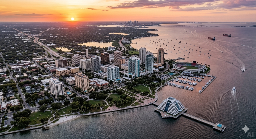 Stylized and artistic aerial drone view of St. Petersburg Florida skyline at sunset featuring the inverted pyramid St. Pete Pier, Beach Drive, and waterfront parks along Tampa Bay.