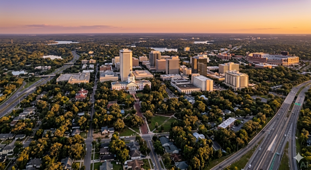 Artistic and stylized erial drone view of Tallahassee Florida skyline at sunset featuring the historical Florida State Capitol complex, modern Capitol Tower, and downtown Tallahassee urban core.