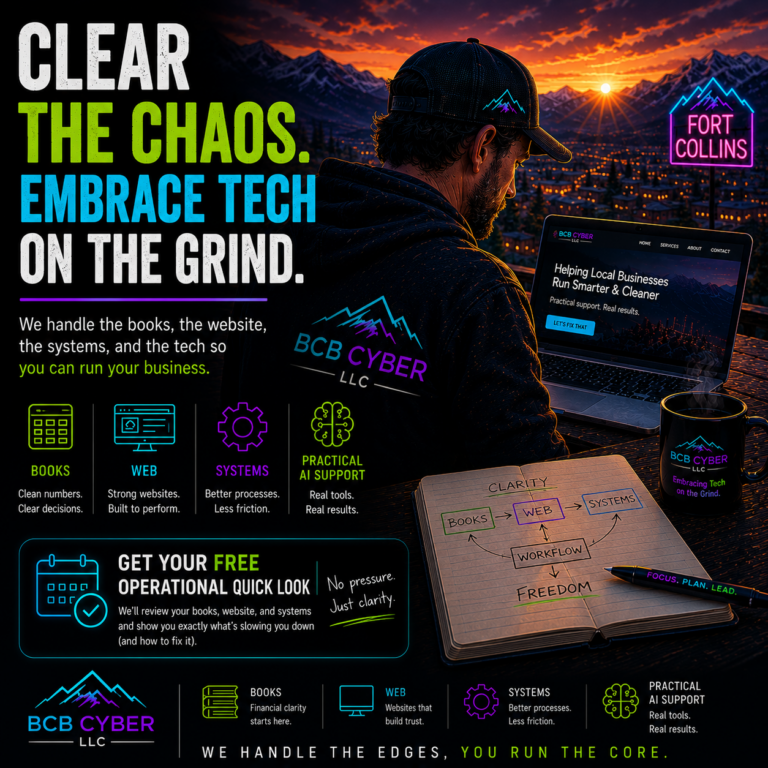 Cinematic BCB Cyber promotional graphic showing a Northern Colorado business owner working at sunset with the message "Clear the Chaos. Embrace Tech on the Grind." The illustration highlights bookkeeping, website optimization, business systems, and practical AI support to help small businesses simplify operations and run more efficiently.