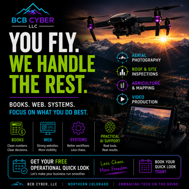 BCB Cyber graphic showing a drone pilot overlooking the Rocky Mountains with the message "You Fly. We Handle the Rest." Promoting bookkeeping, websites, business systems, and practical AI support for drone businesses.